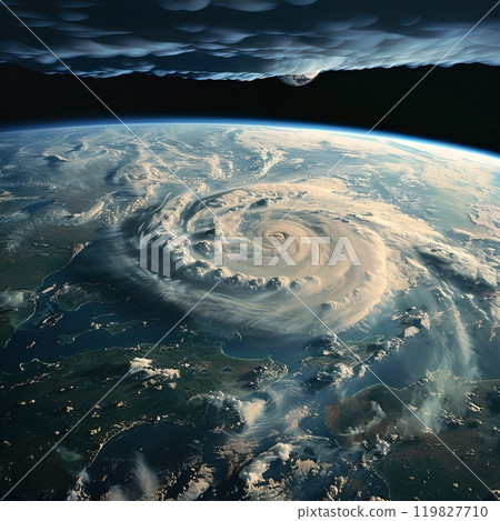 Aerial View of a Powerful Hurricane Forming Over the Ocean During Twilight Hours Aerial View of a Powerful Hurricane Forming Over the Ocean During Twilight Hours 119827710