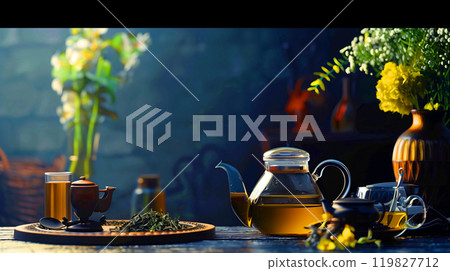 A Tranquil Tea Setup With Blooming Flowers and Aromatic Herbs in a Serene Setting A Tranquil Tea Setup With Blooming Flowers and Aromatic Herbs in a Serene Setting 119827712