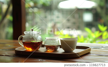 A Tranquil Tea Setup With Steaming Pots and Autumn Leaves in a Cozy, Mist-Filled Ambiance 119827713