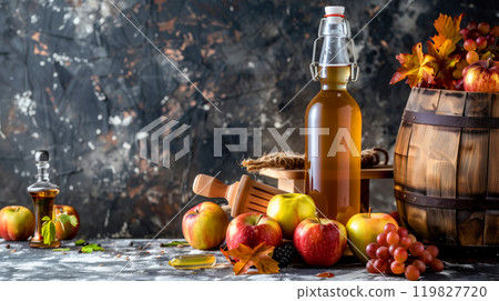 Autumn Harvest Display Featuring Fresh Apples, Cider, and Seasonal Fruits in a Rustic Setting Autumn Harvest Display Featuring Fresh Apples, Cider, and Seasonal Fruits in a Rustic Setting 119827720