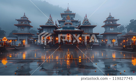 Majestic Temple Illuminated at Dusk With Reflections on Water and Misty Mountains in the Background 119827745