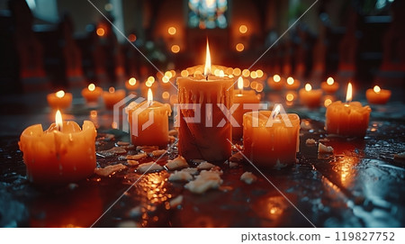Tranquil Ambiance Created by Glowing Candles in a Serene Interior Setting During Evening Hours 119827752