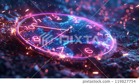 A Mystical Clock Glowing in Vibrant Colors Surrounded by Sparks on a Dark Surface 119827754