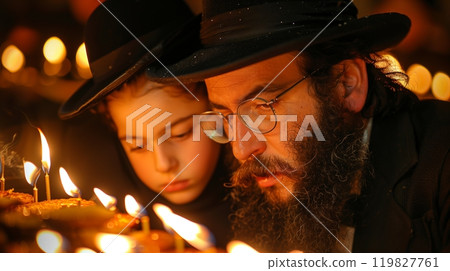Menorah Lighting Ceremony With a Father and Child During Hanukkah Celebrations at Night Menorah Lighting Ceremony With a Father and Child During Hanukkah Celebrations at Night 119827761