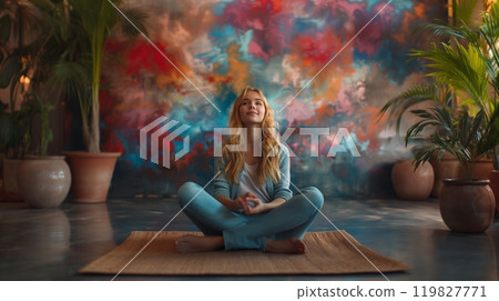 A Young Girl Gazes in Wonder at a World Filled With Magical Lights and Swirling Colors at Twilight 119827771