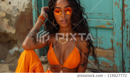 A Woman in Vibrant Orange Swimwear Poses With Confidence Against a Rustic Turquoise Backdrop 119827772