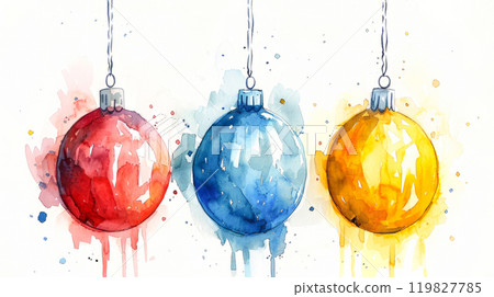 Colorful Watercolor Ornaments Hanging Against a Festive Background for Holiday Decorations 119827785