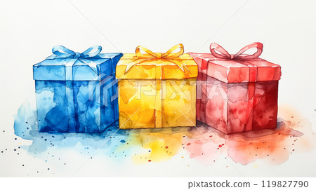 Colorful Watercolor Presents in Blue, Yellow, and Red Arranged Artistically on a White Background 119827790