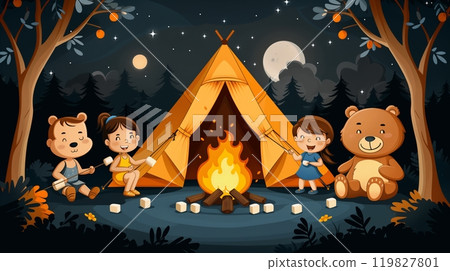 Children Enjoying a Campfire Night With a Tent and a Teddy Bear Under the Starry Sky 119827801