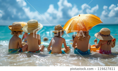 Children Enjoying a Sunny Beach Day With Hats and Umbrellas by the Ocean 119827811