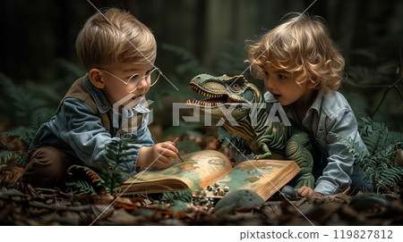 Two Children Explore a Dinosaur Storybook in a Forest Setting During a Sunny Afternoon 119827812