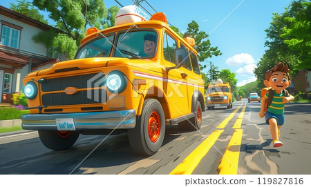 Children Enjoying a Joyful Ride in Bright Yellow School Buses on a Sunny Neighborhood Street 119827816