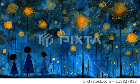 Children Exploring a Magical Garden Illuminated by Glowing Flowers Under a Starry Night Sky 119827818
