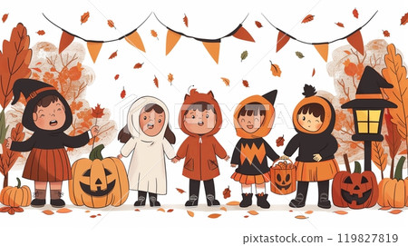 Children Celebrating Halloween in Colorful Costumes Against a Backdrop of Autumn Decorations Children Celebrating Halloween in Colorful Costumes Against a Backdrop of Autumn Decorations 119827819