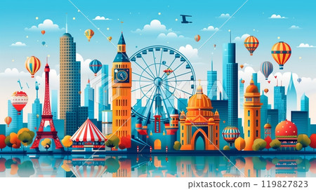 Colorful Skyline Featuring Iconic Landmarks, Hot Air Balloons, and a Ferris Wheel During Daytime 119827823