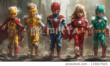 Young Heroes Fly Over a City at Sunset, Showcasing Their Powers and Teamwork 119827826