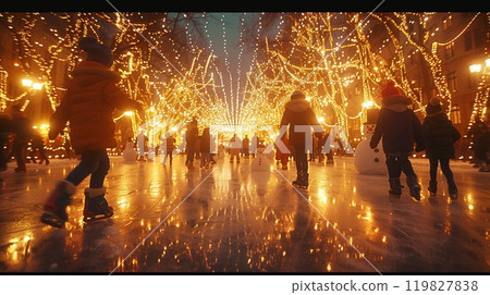 Children Skating on an Ice Rink Amidst Festive Lights During Winter Celebrations at Night 119827838