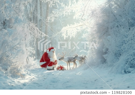 Santa Claus with reindeer in winter forest.. Generative AI. 119828100