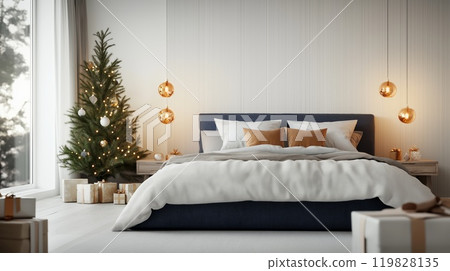 Modern Bedroom Decorated for Christmas with Tree and Gift Boxes Modern Bedroom Decorated for Christmas with Tree and Gift Boxes 119828135