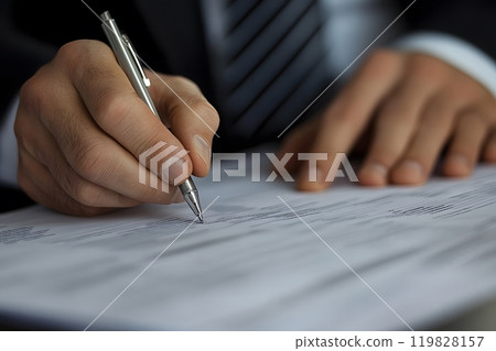 A businessman, reviewing financial documents and analyzing investment data, close up. Generative AI. A businessman, reviewing financial documents and analyzing investment data, close up. Generative AI. 119828157