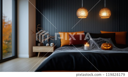 Modern Bedroom Decorated for Halloween with Jack-o'-Lantern and Skulls Modern Bedroom Decorated for Halloween with Jack-o'-Lantern and Skulls 119828179