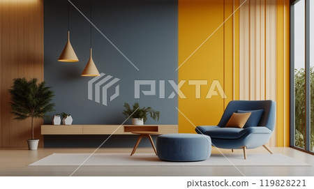 Modern Living Room with Blue Armchair and Wooden Cabinet in Stylish Interior Modern Living Room with Blue Armchair and Wooden Cabinet in Stylish Interior 119828221