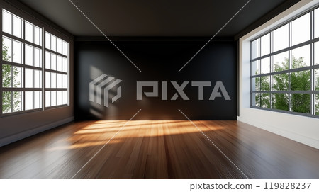 Empty Room with Large Windows and Wooden Floor 119828237