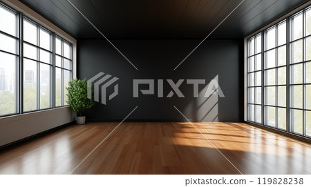 Empty Room with Large Windows and Wooden Floor 119828238