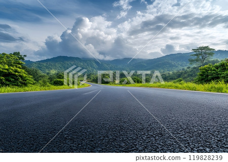 Road Winding Through Green Mountains Beneath a Cloudy Sky. Generative AI. 119828239