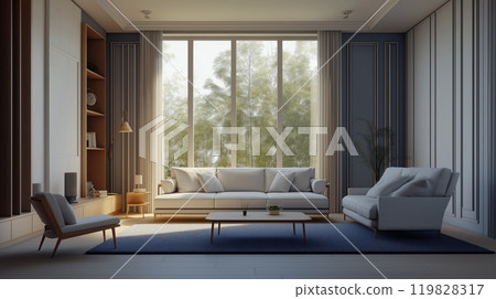Scandinavian Living Room with Sofa, Wooden Accents, and Large Windows Scandinavian Living Room with Sofa, Wooden Accents, and Large Windows 119828317