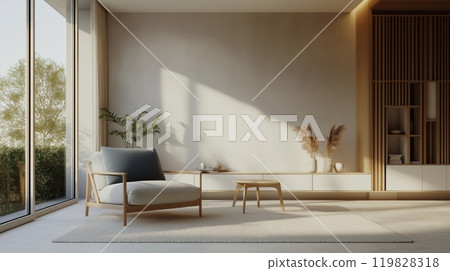 Modern Living Room with Large Windows, Cozy Sofa, and Ambient Lighting Modern Living Room with Large Windows, Cozy Sofa, and Ambient Lighting 119828318