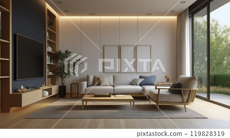 Scandinavian Living Room with Sofa, Shelves, Large Windows, and Mockup Frames Scandinavian Living Room with Sofa, Shelves, Large Windows, and Mockup Frames 119828319