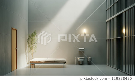 Minimalist Secure Prison Cell Interior with Suspended Bed and Stark Furnishings 119828450