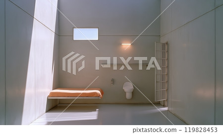 Minimalist Secure Prison Cell Interior with Suspended Bed and Stark Furnishings Minimalist Secure Prison Cell Interior with Suspended Bed and Stark Furnishings 119828453