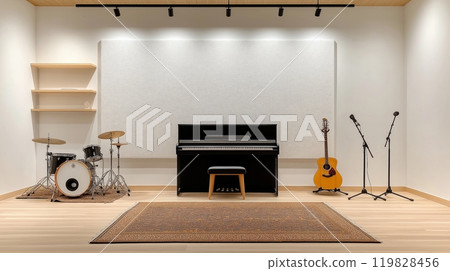 Minimalist Music Rehearsal Room with Instruments and Modern Lighting 119828456