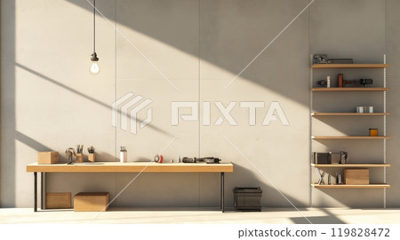 Unfinished Basement Workshop with Wooden Workbench and Tools 119828472