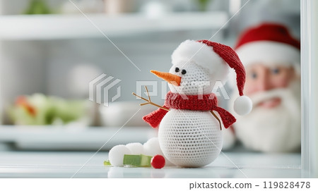 Tiny Snowman in Refrigerator with Santa Claus Looking Inside Tiny Snowman in Refrigerator with Santa Claus Looking Inside 119828478