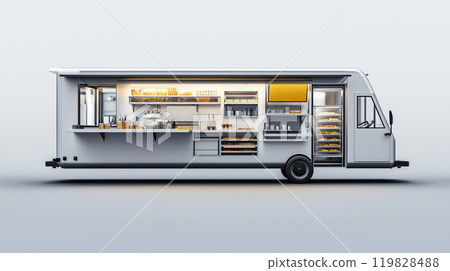 Modern Food Truck with Organized Kitchen and Serving Area 119828488