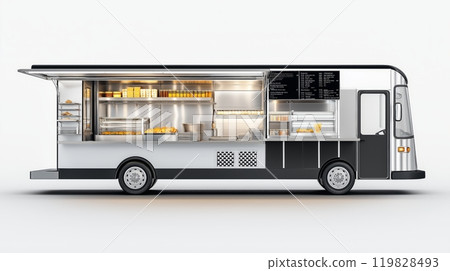 Modern Food Truck with Organized Kitchen and Serving Area 119828493