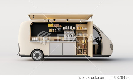 Mobile Coffee Shop Van with Espresso Machine and Chalkboard Menu 119828494