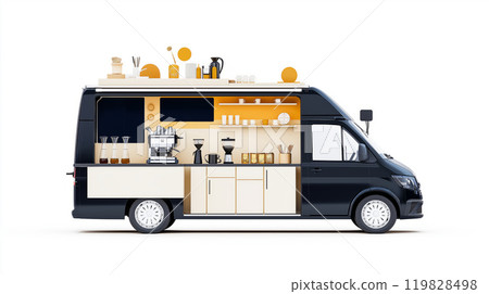 Mobile Coffee Shop Van with Espresso Machine and Chalkboard Menu 119828498