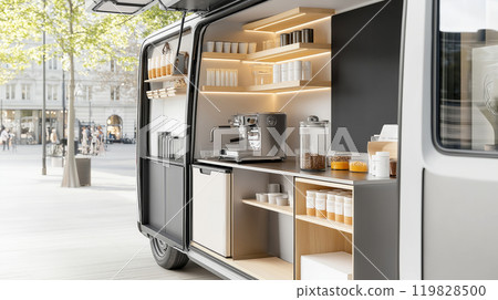 Mobile Coffee Shop Van with Espresso Machine and Chalkboard Menu 119828500