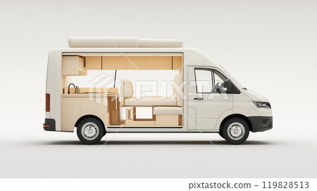 Modern Camper Van Interior with Kitchenette and Cozy Living Space Modern Camper Van Interior with Kitchenette and Cozy Living Space 119828513