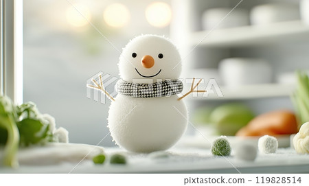 Miniature Snowman Inside Freezer with Vegetables and Ice Miniature Snowman Inside Freezer with Vegetables and Ice 119828514