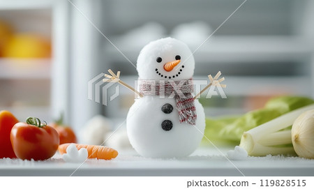 Miniature Snowman Inside Freezer with Vegetables and Ice Miniature Snowman Inside Freezer with Vegetables and Ice 119828515