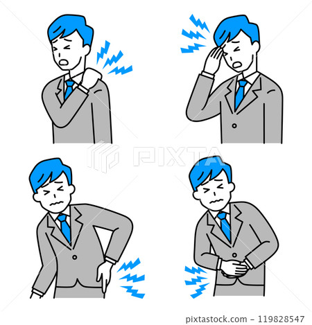 Set of men in suits suffering from stiff shoulders, headaches, back pain, and stomach pain Set of men in suits suffering from stiff shoulders, headaches, back pain, and stomach pain 119828547