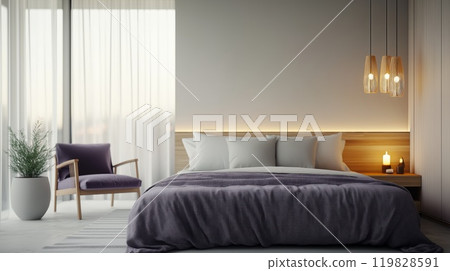 Modern Bedroom with Soft Lighting and Romantic Ambiance 119828591
