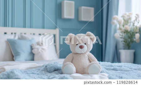 Boy's bedroom with large teddy bear Boy's bedroom with large teddy bear 119828614