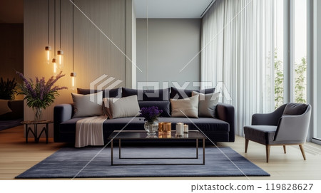 Stylish Modern Living Room with Soft Lighting and Floral Decor Stylish Modern Living Room with Soft Lighting and Floral Decor 119828627