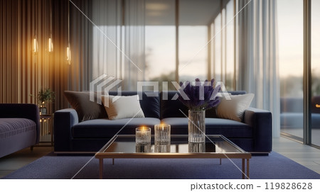 Stylish Modern Living Room with Soft Lighting and Floral Decor Stylish Modern Living Room with Soft Lighting and Floral Decor 119828628